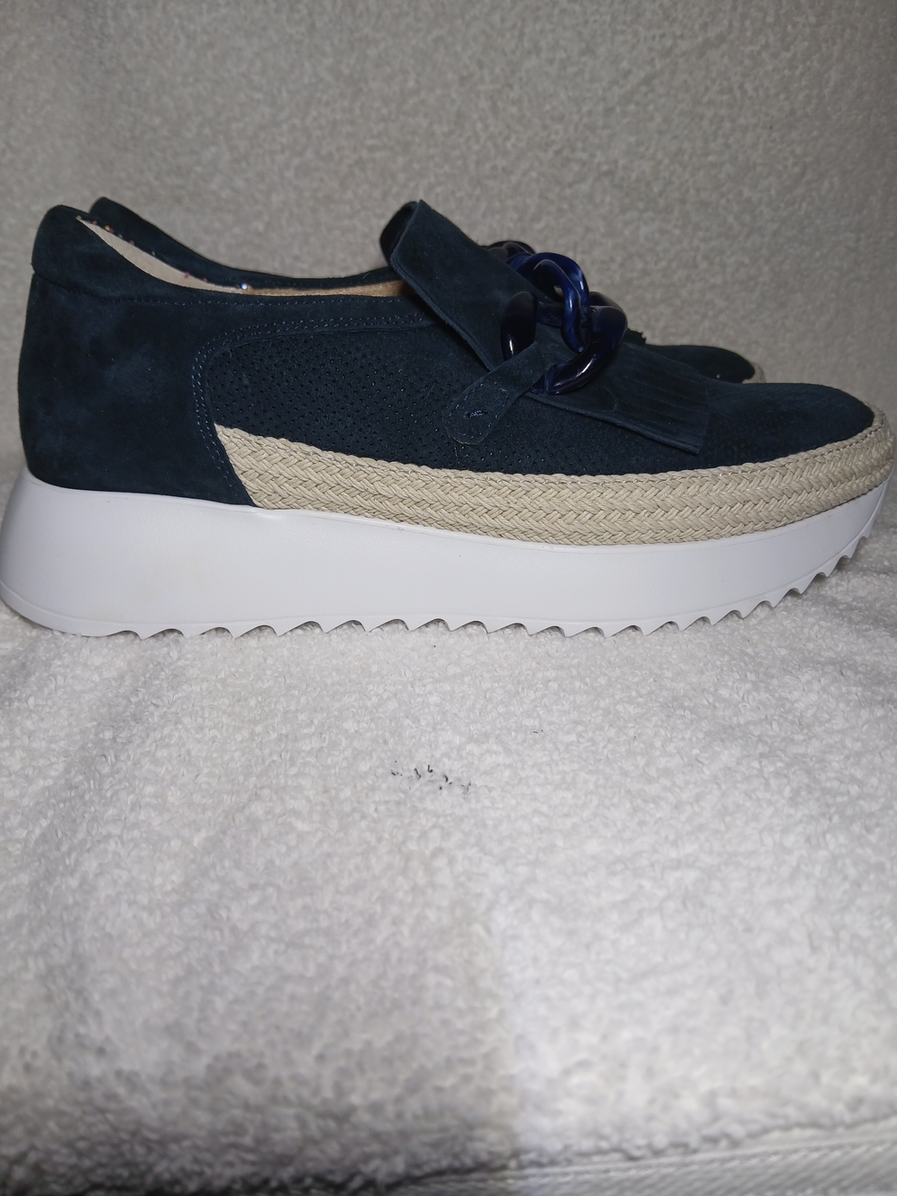 Suede Platform Slip-On Sneakers with Chain Detail in Dark Blue.Size 7.5
